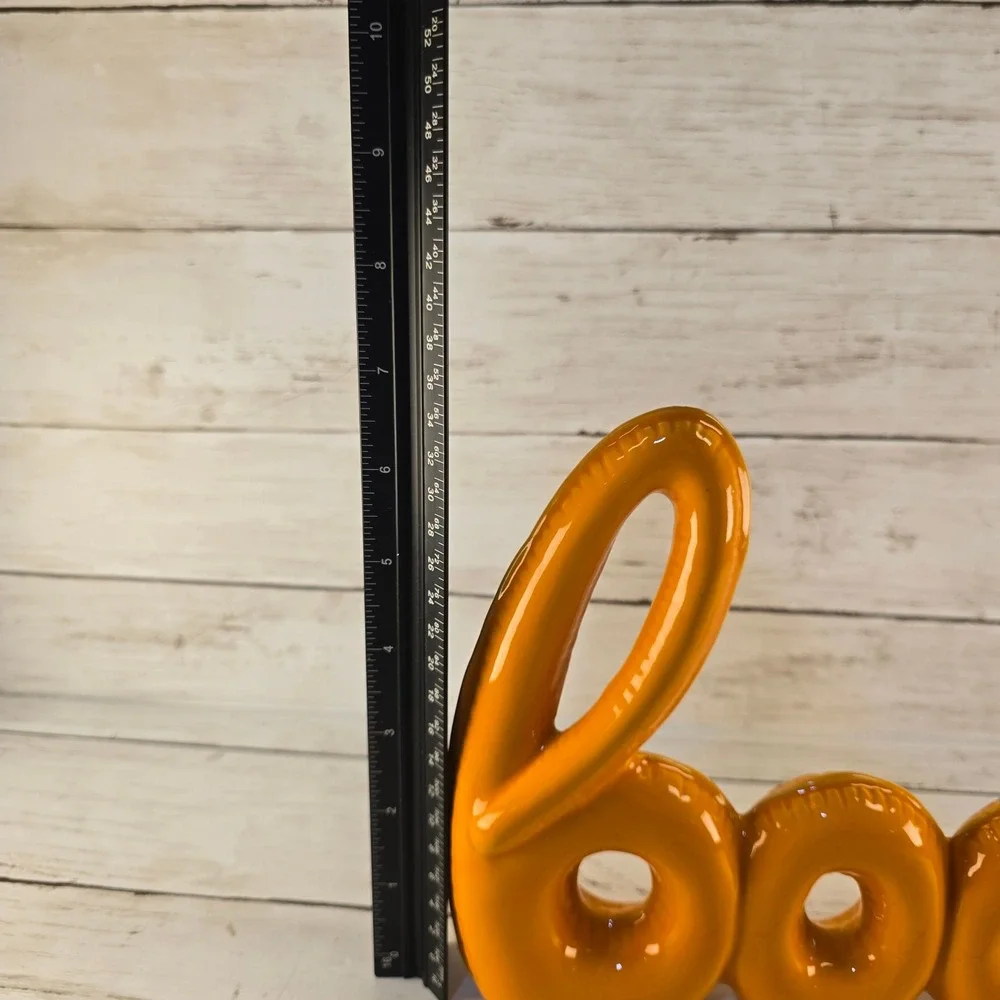 Orange Ceramic Boo Balloon Sign Halloween Tabletop Decor Glossy 6.5 Inch